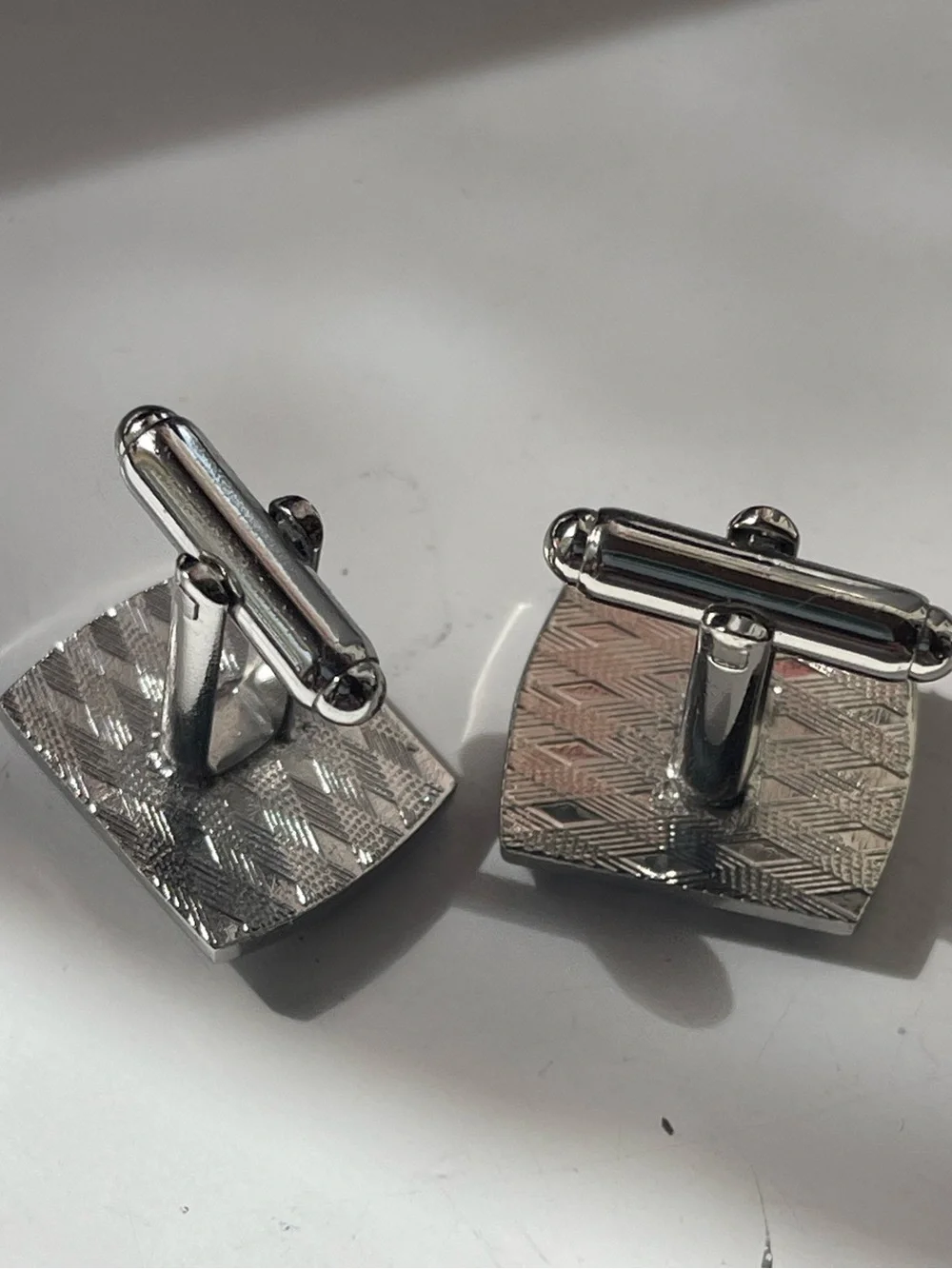 Vintage Ribbed Silver Tone Black Enamel Cufflinks Textured Finish